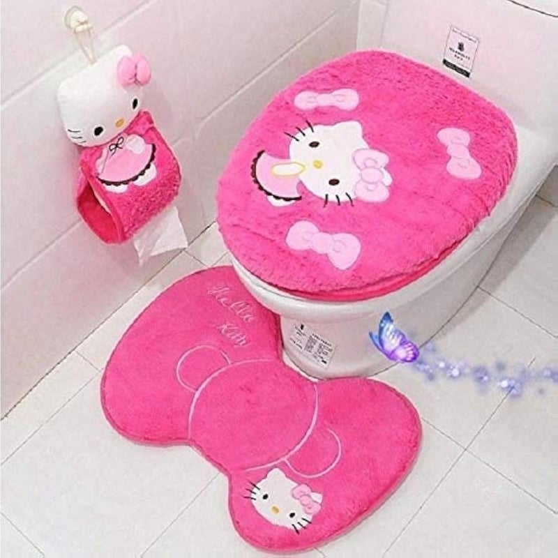 GVTTX Cute Cartoon Pink 4PCS Bathroom Set Toilet Cover WC Seat Cover Bath Mat Holder Pink/ (Rose Red)