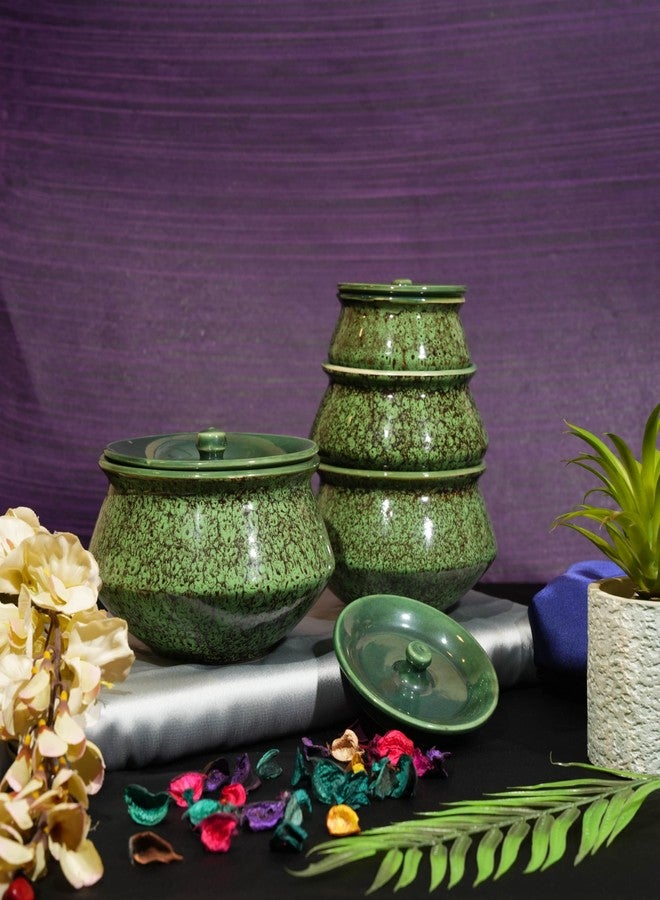 Caffeine Ceramic Handmade Green Crackle Serving Handi with Lid (Set of 4) - Image 1