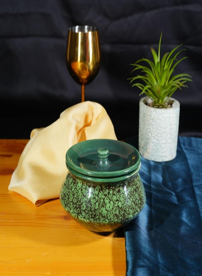 Caffeine Ceramic Handmade Green Crackle Serving Handi with Lid (Set of 4) - Image 2