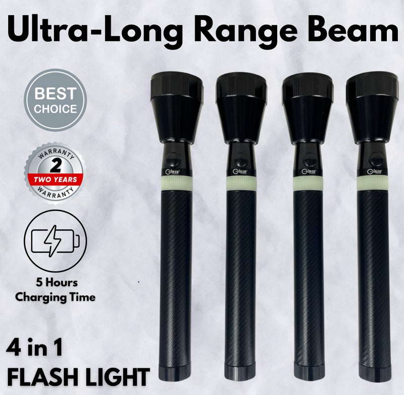 Glaze 4-in-1 Rechargeable LED Flashlight Set - High-Power XPE2 LED Torch (20.8 cm), 330 Lumens, 1500m Long Range Beam, 3000mAh Battery, Type-C Charging, Portable Emergency Light - Image 4