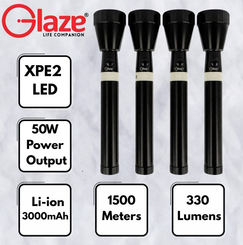 Glaze 4-in-1 Rechargeable LED Flashlight Set - High-Power XPE2 LED Torch (20.8 cm), 330 Lumens, 1500m Long Range Beam, 3000mAh Battery, Type-C Charging, Portable Emergency Light - Image 5