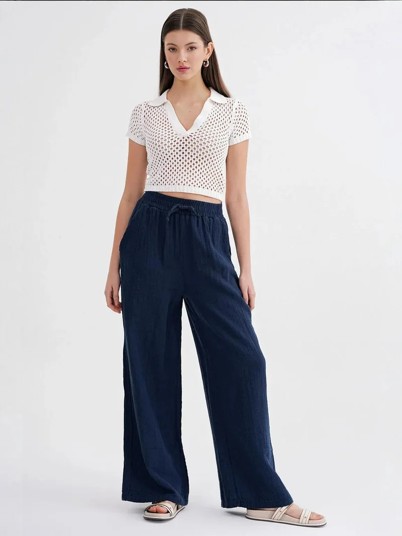 MixRay Navy Blue Mixray High Waist Textured Muslin Fabric Pants for Women | Best Price UAE