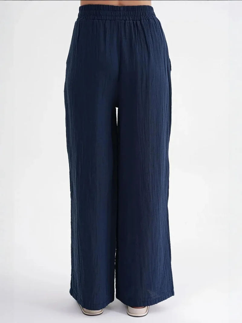 MixRay Navy Blue Mixray High Waist Textured Muslin Fabric Pants for Women | Best Price UAE