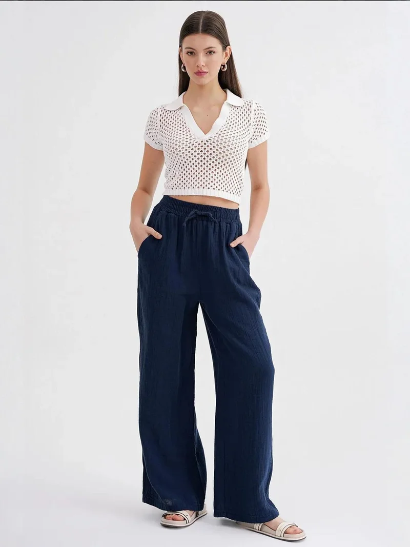 MixRay Navy Blue Mixray High Waist Textured Muslin Fabric Pants for Women | Best Price UAE