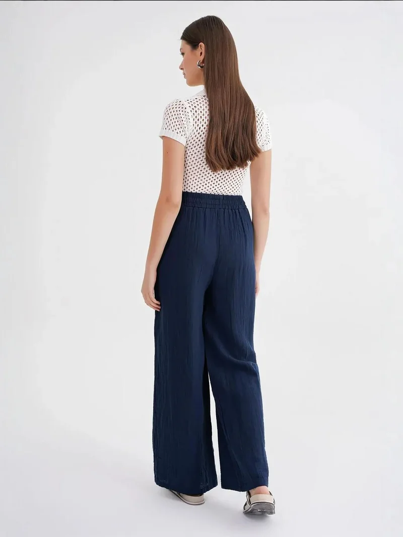 MixRay Navy Blue Mixray High Waist Textured Muslin Fabric Pants for Women | Best Price UAE