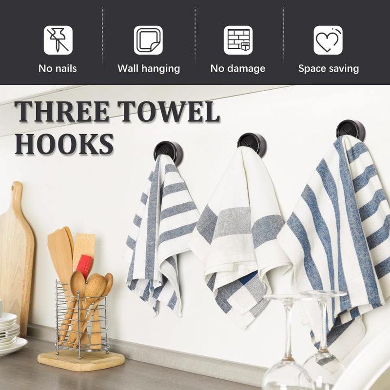 Philbinden 3 Pieces Kitchen Towel Hooks Round Adhesive Dish Towel Hook Premium Chrome Finish & Easy Installation Wall Mount Hand Towel Hook Ideal as Bathroom, Shower or Outdoor Towel Holders (Black) - Image 3
