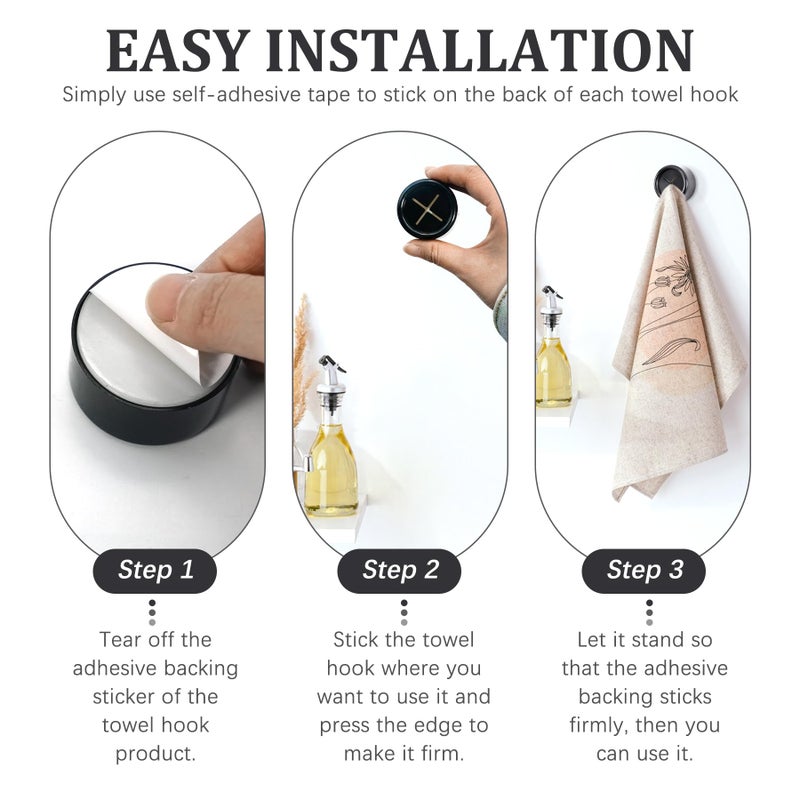 Philbinden 3 Pieces Kitchen Towel Hooks Round Adhesive Dish Towel Hook Premium Chrome Finish & Easy Installation Wall Mount Hand Towel Hook Ideal as Bathroom, Shower or Outdoor Towel Holders (Black) - Image 5