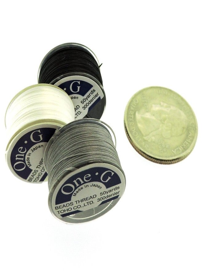 Toho One-g Beading Thread, 50 Yards per Bobbin, White, Black & Light Gray (Pack of 3 bobbins) - Image 2