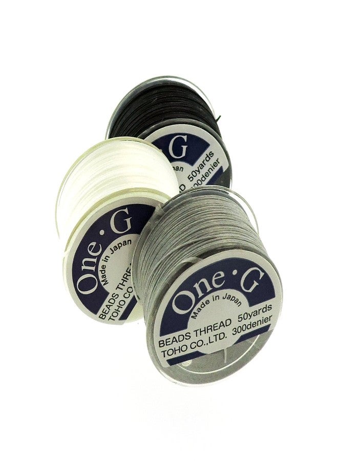 Toho One-g Beading Thread, 50 Yards per Bobbin, White, Black & Light Gray (Pack of 3 bobbins) - Image 1