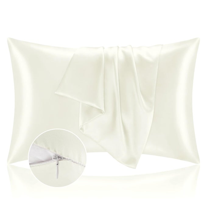 SATIN PILLOWCASE WITH ZIPPER 2 PACK IVORY PILLOW CASES STANDARD SIZE SUPER SOFT AND COOLING SIMILAR TO SILK PILLOW CASES GIFT FOR WOMEN MEN20X26 INCHES