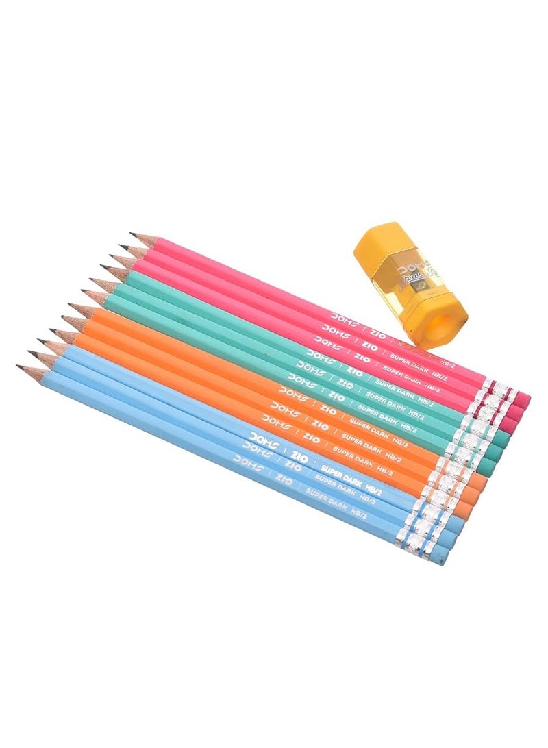 دومس أقلام رصاص جسم ملون علبه 12 قلم رصاص بجومة مع مبراة وممحاة 2 في 1 للأطفال والطلاب - متعددة الألوان - Image 3