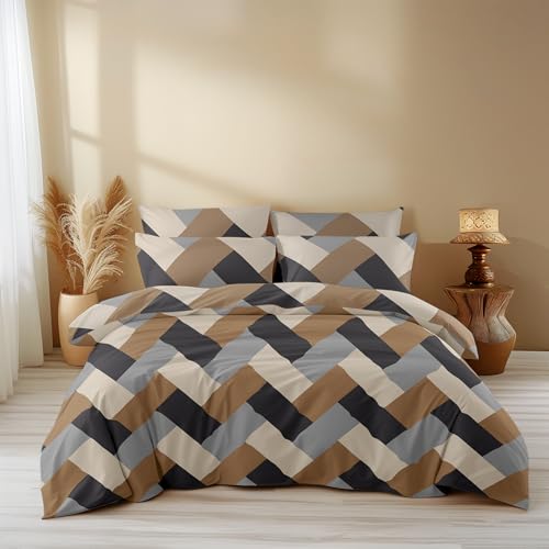 LOOMLYFE 300 TC All Season King Size AC Comforter || Blanket || Duvet for Double Bed with 1 Flat Bedsheet and 2 Large Pillow Covers - 4 Piece Comforter Set - BrownGreyCross - Image 1