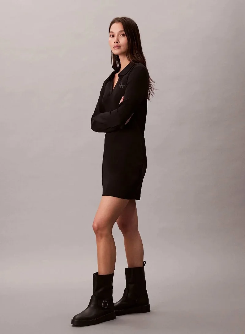 Calvin Klein Jeans Black Slim Ribbed Cotton Polo Dress for Women | Best Price UAE