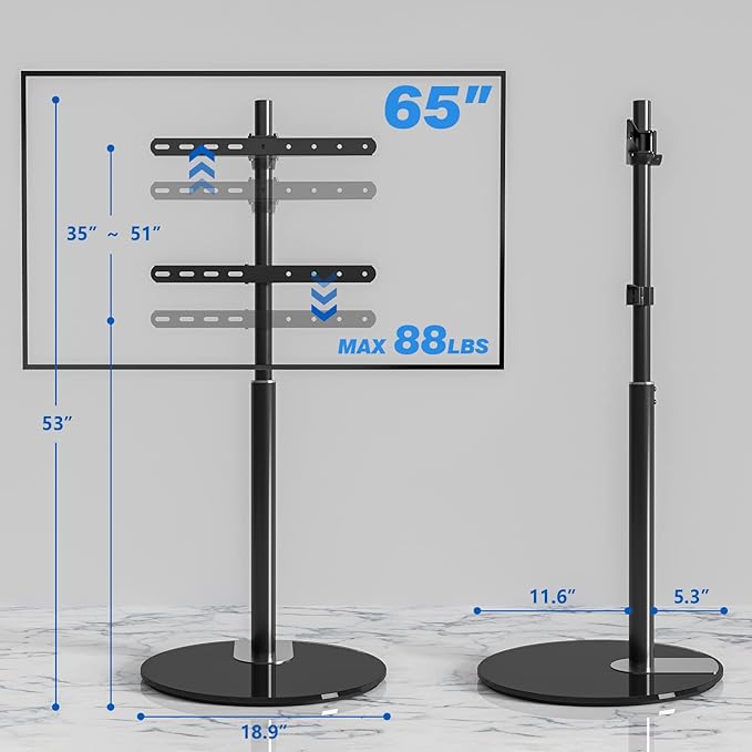 ارفايفر ستاند تلفزيون أرضي قابل للتدوير بزاوية 90 درجة للتلفزيونات من 32 إلى 65 بوصة (LCD وLED)، تصميم عصري وبسيط، حامل تلفزيون زاوي مع قاعدة زجاجية دائرية، متوافق مع VESA 400x400 مم، أسود - TF1201 - Image 3