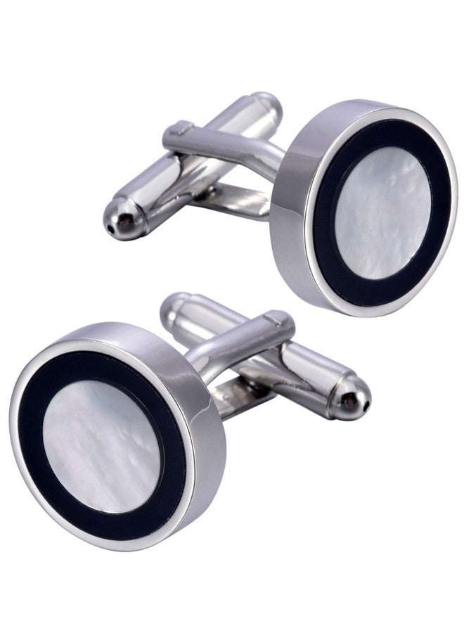 Jonwo Natural Mother Of Pearl Men'S Cufflinks With Dark Blue Circle In Gift Case Silver Round Cufflinks For Men Jewelry For Wedding Party Business Birthday Anniversary Dress - Image 1