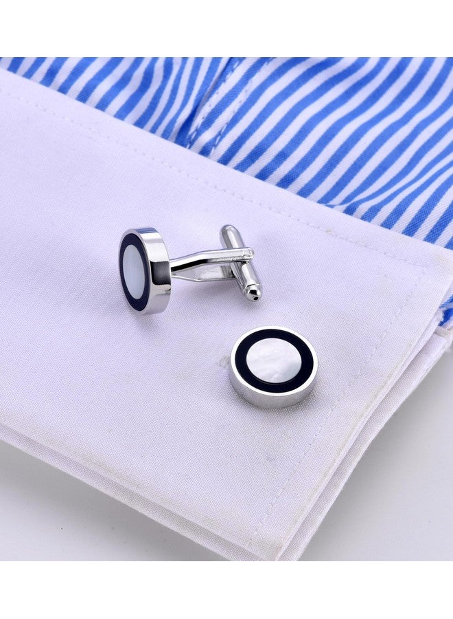 Jonwo Natural Mother Of Pearl Men'S Cufflinks With Dark Blue Circle In Gift Case Silver Round Cufflinks For Men Jewelry For Wedding Party Business Birthday Anniversary Dress - Image 2