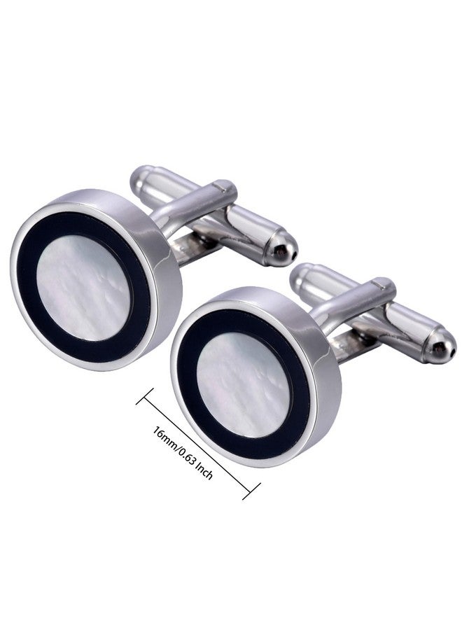 Jonwo Natural Mother Of Pearl Men'S Cufflinks With Dark Blue Circle In Gift Case Silver Round Cufflinks For Men Jewelry For Wedding Party Business Birthday Anniversary Dress - Image 3