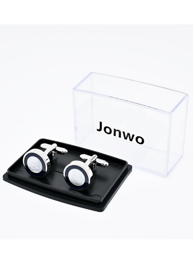Jonwo Natural Mother Of Pearl Men'S Cufflinks With Dark Blue Circle In Gift Case Silver Round Cufflinks For Men Jewelry For Wedding Party Business Birthday Anniversary Dress - Image 5