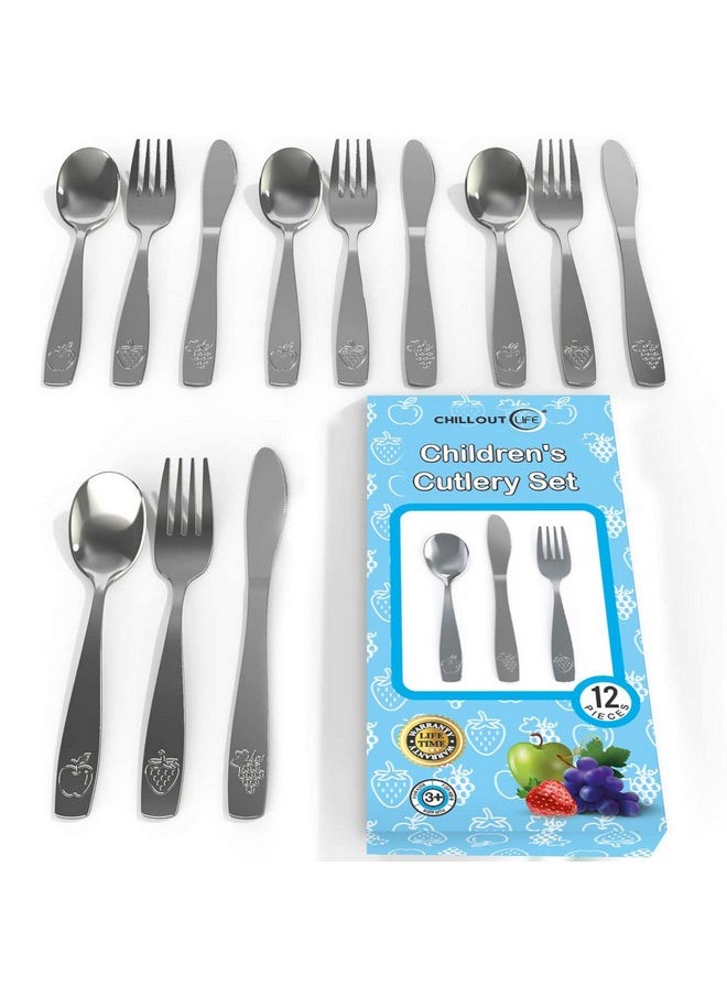 CHILLOUT LIFE - 12 Piece Stainless Steel Kids Silverware Set - Child and Toddler Safe Flatware - Kids Utensil Set - Metal Kids Cutlery Set Includes 4 Small Kids Spoons, 4 Forks & 4 Knives - Image 1