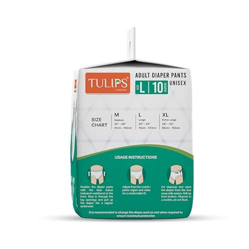 Tulips Adult Diaper Pants, Unisex, Large Size (L) (76-127 cm Waist I 30"- 50" inches), 10 Pants, Super Soft, with Wetness Indicator | Odour Control | Goodness of Aloevera I Quick absorption I Long Lasting Dryness I 10 Units in 1 pack I Best overnight adult diaper - Image 3