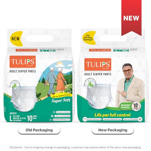 Tulips Adult Diaper Pants, Unisex, Large Size (L) (76-127 cm Waist I 30"- 50" inches), 10 Pants, Super Soft, with Wetness Indicator | Odour Control | Goodness of Aloevera I Quick absorption I Long Lasting Dryness I 10 Units in 1 pack I Best overnight adult diaper - Image 2