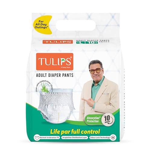 Tulips Adult Diaper Pants, Unisex, Large Size (L) (76-127 cm Waist I 30"- 50" inches), 10 Pants, Super Soft, with Wetness Indicator | Odour Control | Goodness of Aloevera I Quick absorption I Long Lasting Dryness I 10 Units in 1 pack I Best overnight adult diaper - Image 1
