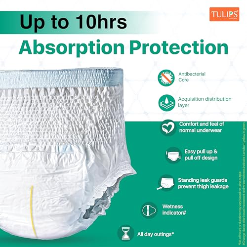 Tulips Adult Diaper Pants, Unisex, Large Size (L) (76-127 cm Waist I 30"- 50" inches), 10 Pants, Super Soft, with Wetness Indicator | Odour Control | Goodness of Aloevera I Quick absorption I Long Lasting Dryness I 10 Units in 1 pack I Best overnight adult diaper - Image 4