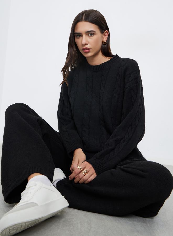 Take Two Black Textured Cable Knit Sweater and Pants Co-Ords - Image 1