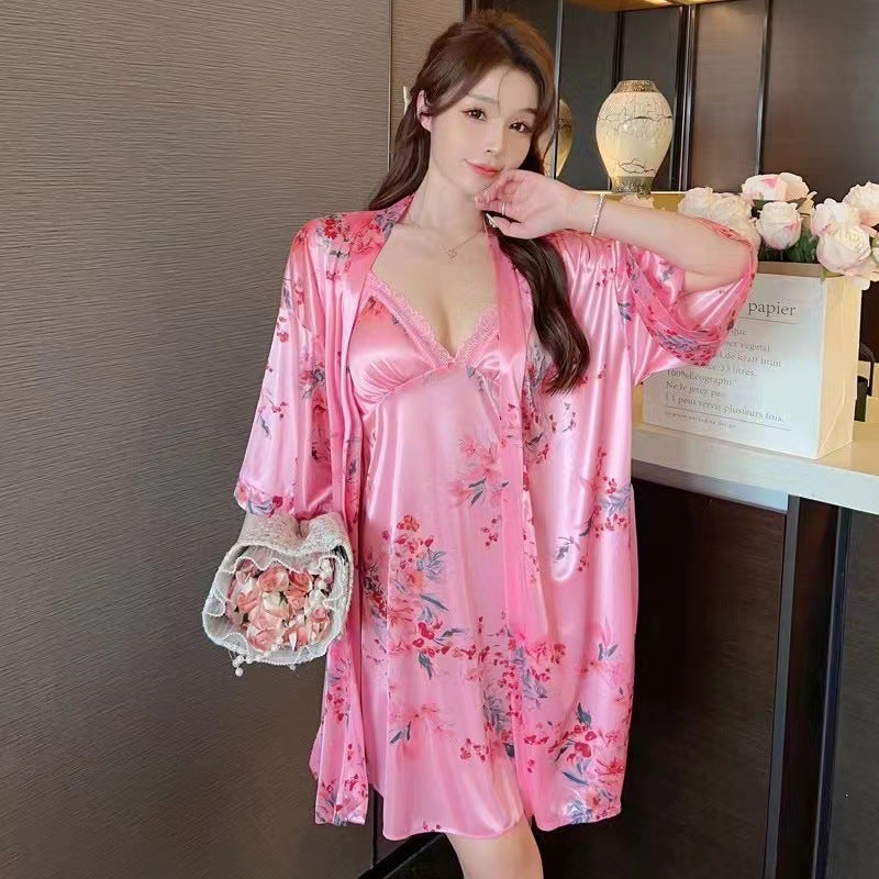 Sensual Womens Summer 2023 Ice Silk Sleepwear Set023 two-piece deep powder 023 two-piece deep powder 