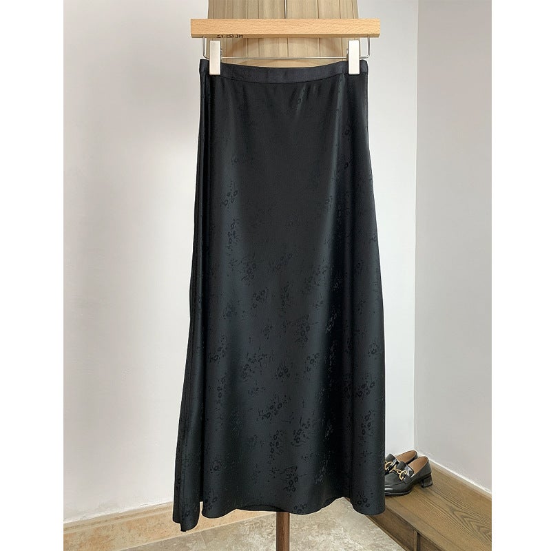 High sense imitation acetate jacquard mid-length skirt! Spring and summer womens high waist slimming side split A- line overskirt women Black - Image 1