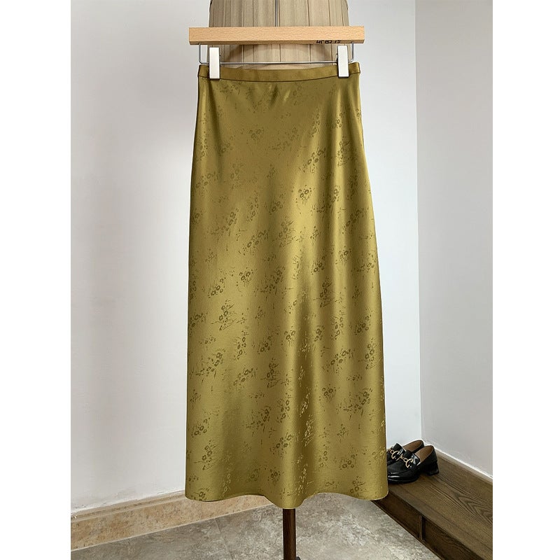 High sense imitation acetate jacquard mid-length skirt! Spring and summer womens high waist slimming side split A- line overskirt women Black - Image 2