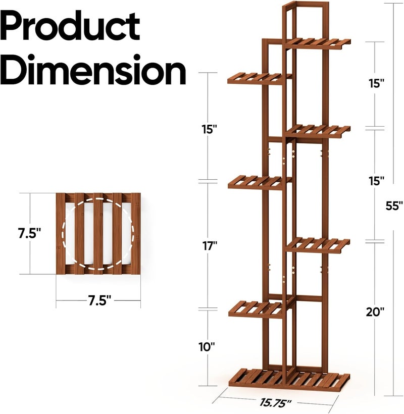 ROSSNY 55 Inch Tall Plant Stand Indoor, 7 Tier 8 Potted Bamboo Plant Stands for Indoor Plants, Corner Plant Stand, Tiered Plant Stands, Plant Shelf For Indoor, Planter Holder for Multiple Plants Indoor, Brown - Image 2