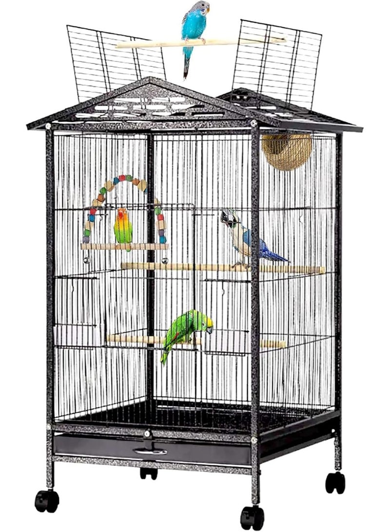 34 Inch Large Open Top Metal Standing Parrot Bird Cage with Rolling Stand & Pull Out Tray, Wrought Iron Flight Pet House for Macaw Cockatoo Cockatiel Parakeet Canary Finch Lovebird Pigeon, Black