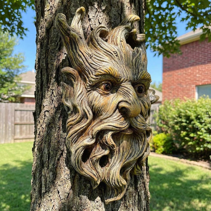 Euiroet 10.1" Whimsical Tree Face Sculpture, Garden Peeker Statue, Outdoor Trunk Tree Huggers Art, Landscape Accent Ornament, Hanging Fairy Elve Figurine for Yard Art, Trees Decor Wall Mounted Statues - Image 3