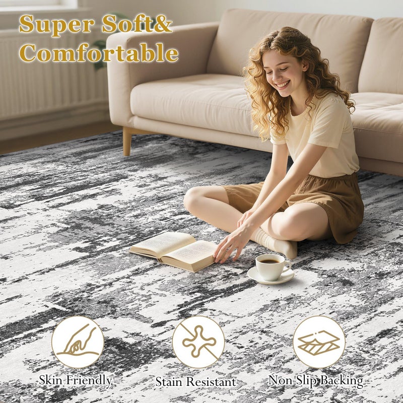 Jessibou Area Rugs for Living Room: 5x7 Abstract Washable Rug Modern Neutral Large Soft Stain Resistant Non-Slip Backing Machine Table for Bedroom Dining Room Indoor Home Office Carpet - Black Grey - Image 5