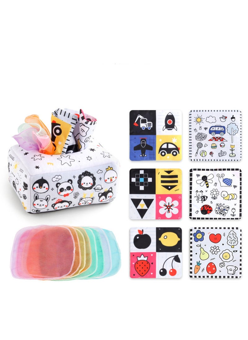 Baby Early Education Cloth Book Tissue Box Sound Paper Square Towel Cognitive Animal English Tear-resistant Children's Cloth Book Toy, 3 Square Towels + 8 Silk Scarves (Black and white paper box)  - Image 1