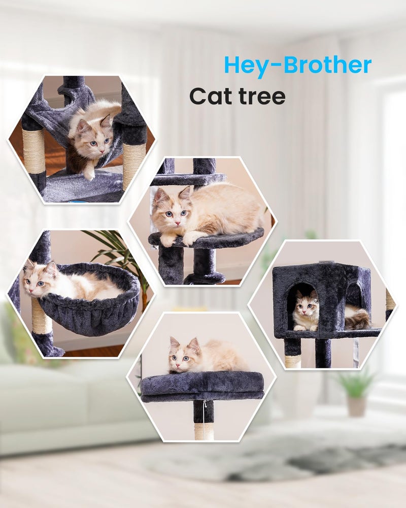 Hey-brother شجرة القطط هاي-براذر مع أرجوحة كبيرة، برج قطط متعدد المستويات للقطط الداخلية، قنديل قطط مع أعمدة خدش مغطاة بالسيزال ومنصة علوية، رمادي مدخن MPJ050G - Image 4