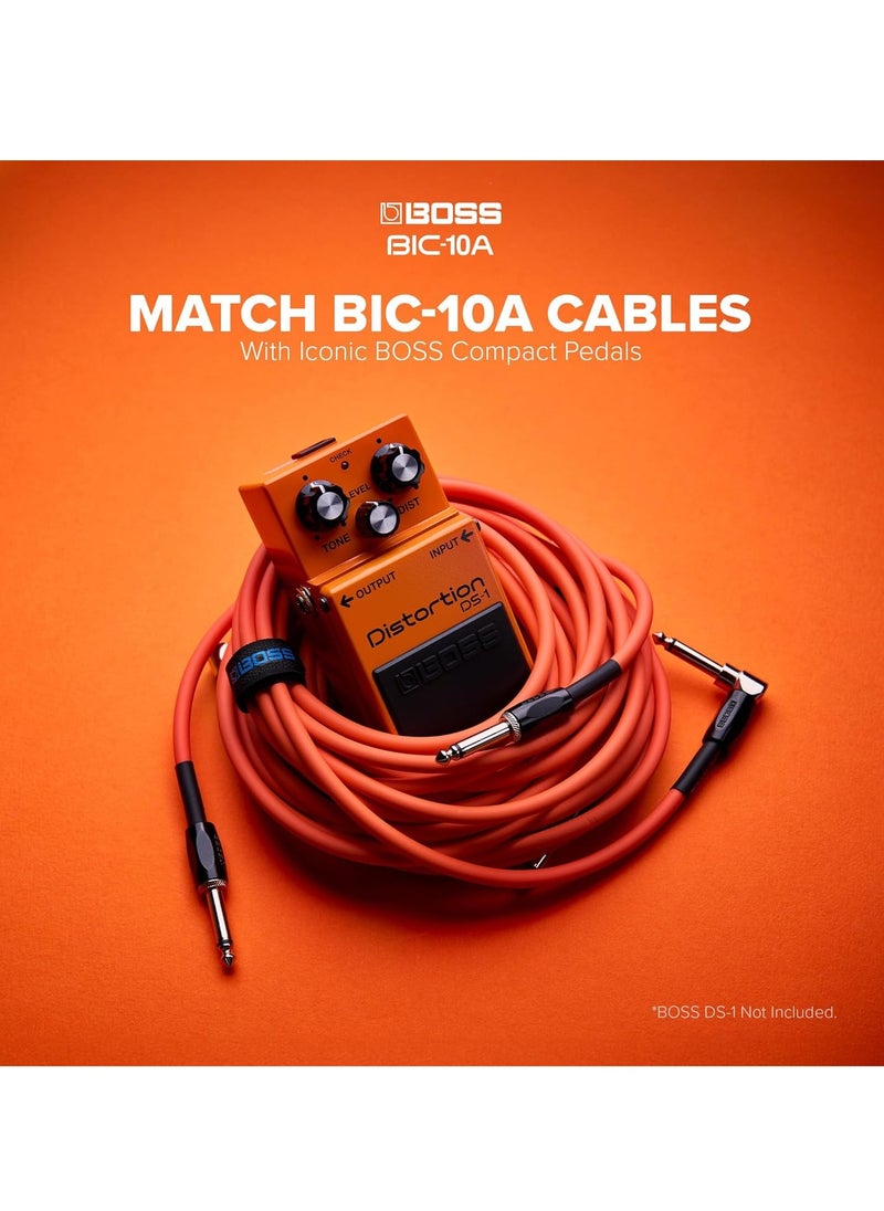BOSS BIC-10A Instrument Cable, Straight to Right-Angle 1/4" Connectors, Orange  - Image 3