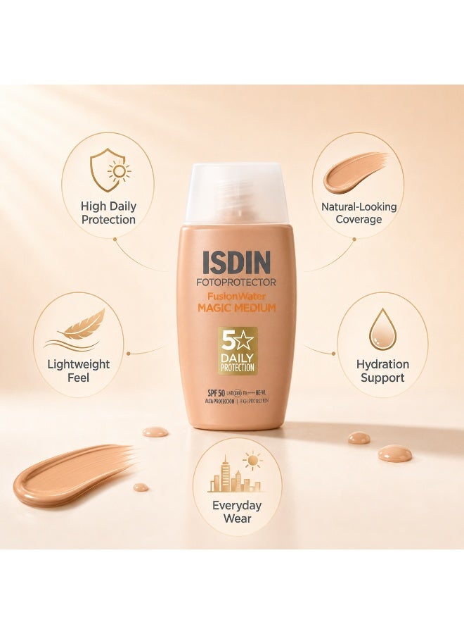 Isdinceutics ISDIN Fotoprotector Fusion Water Magic Medium SPF 50 Tinted Sunscreen, Natural Coverage Facial Sun Protection, 50ml - Image 1