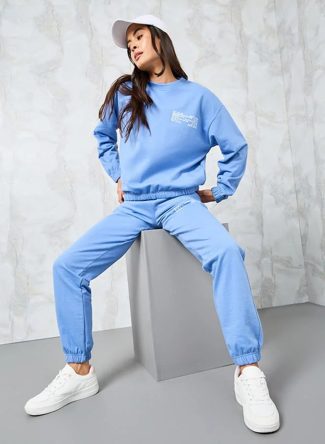 Styli Slogan Print Fleece Sweatshirt & Jogger Co-Ords
