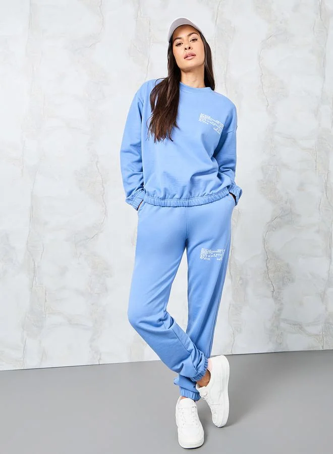 Styli Slogan Print Fleece Sweatshirt & Jogger Co-Ords
