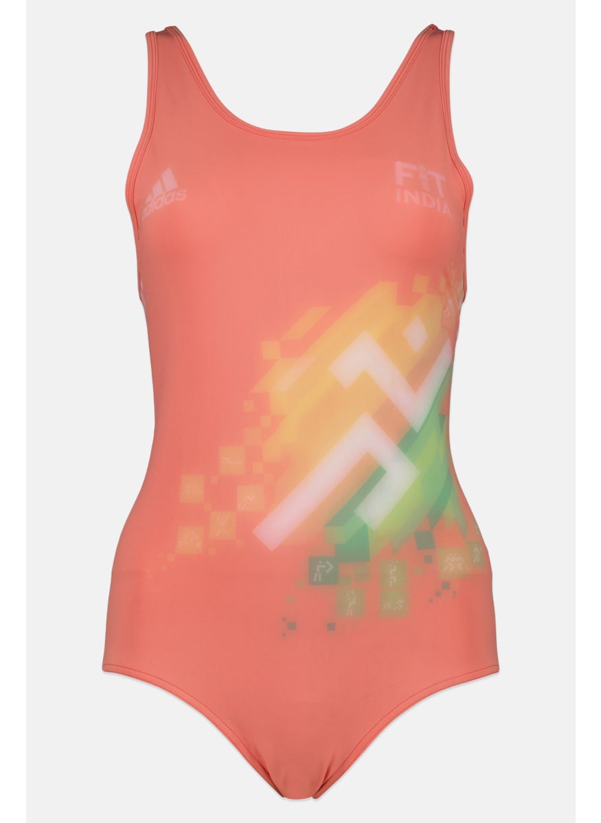 Adidas Women One Piece Brand Logo Swimwear, Orange  - Image 1