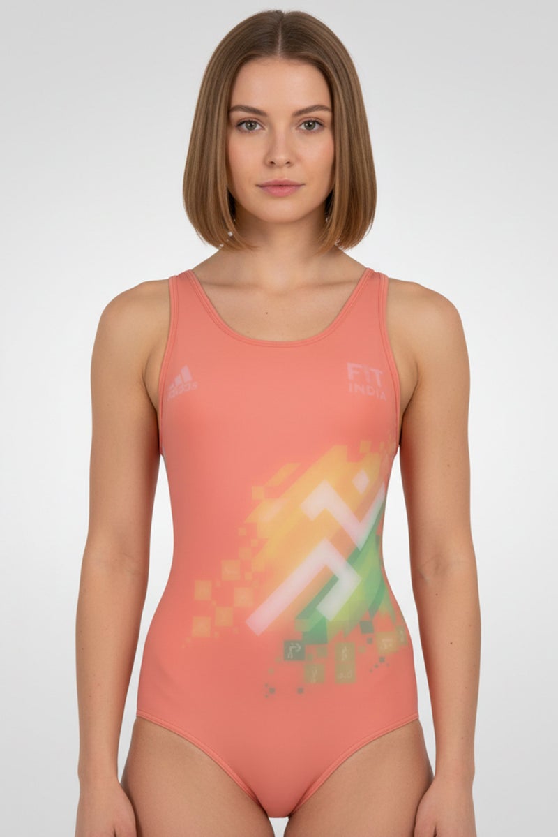 Adidas Women One Piece Brand Logo Swimwear, Orange - Image 1