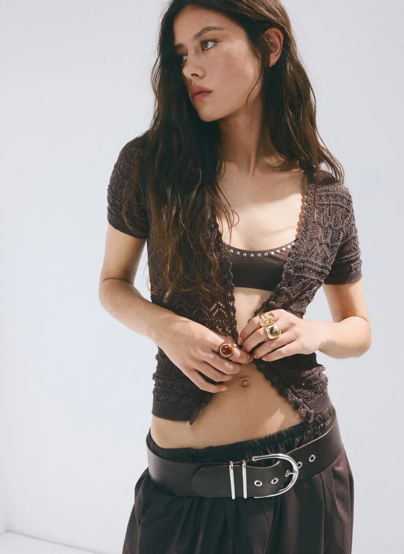 مانجو Short-Sleeve Open-Knit Cardigan