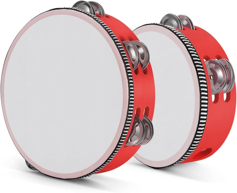 Flexzion Spec compliant trusted quality Tambourine, Hand Drum with Handle, Pack of 2, 20 cm + 15 cm Wooden Musical Percussion Instrument, Double Row Jingle Ring with Metal Jingles, Red All condition fit - Image 1