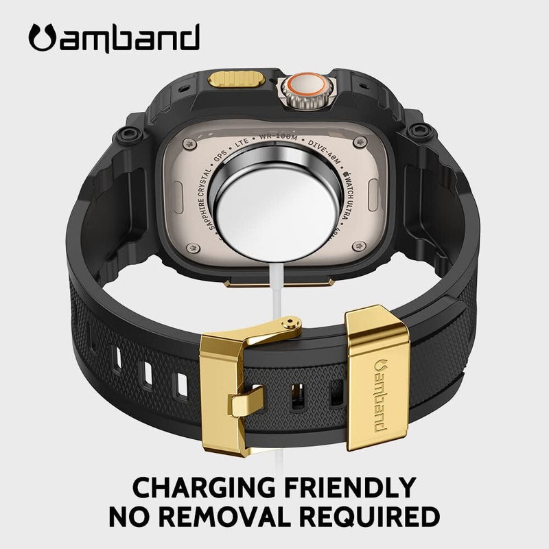 amBand حزام amBand متوافق مع ساعة آبل الترا 3/2/1 للرجال، غلاف م1 الرياضي الثقيل، حزام تكتيكي وواقي شاشة، غلاف واقي يناسب أحزمة iWatch Ultra للرجال 49mm - أسود ذهبي - Image 5