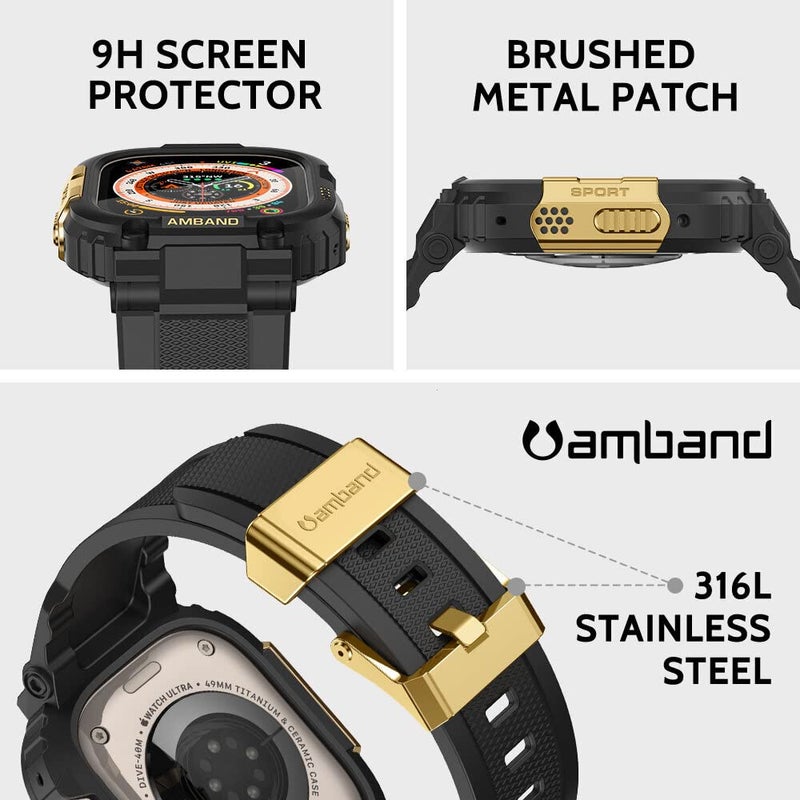 amBand حزام amBand متوافق مع ساعة آبل الترا 3/2/1 للرجال، غلاف م1 الرياضي الثقيل، حزام تكتيكي وواقي شاشة، غلاف واقي يناسب أحزمة iWatch Ultra للرجال 49mm - أسود ذهبي - Image 3