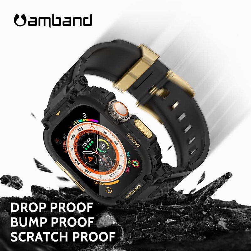amBand حزام amBand متوافق مع ساعة آبل الترا 3/2/1 للرجال، غلاف م1 الرياضي الثقيل، حزام تكتيكي وواقي شاشة، غلاف واقي يناسب أحزمة iWatch Ultra للرجال 49mm - أسود ذهبي - Image 4