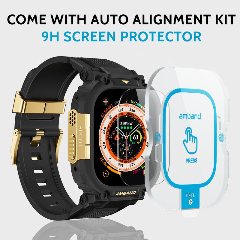 amBand حزام amBand متوافق مع ساعة آبل الترا 3/2/1 للرجال، غلاف م1 الرياضي الثقيل، حزام تكتيكي وواقي شاشة، غلاف واقي يناسب أحزمة iWatch Ultra للرجال 49mm - أسود ذهبي - Image 2