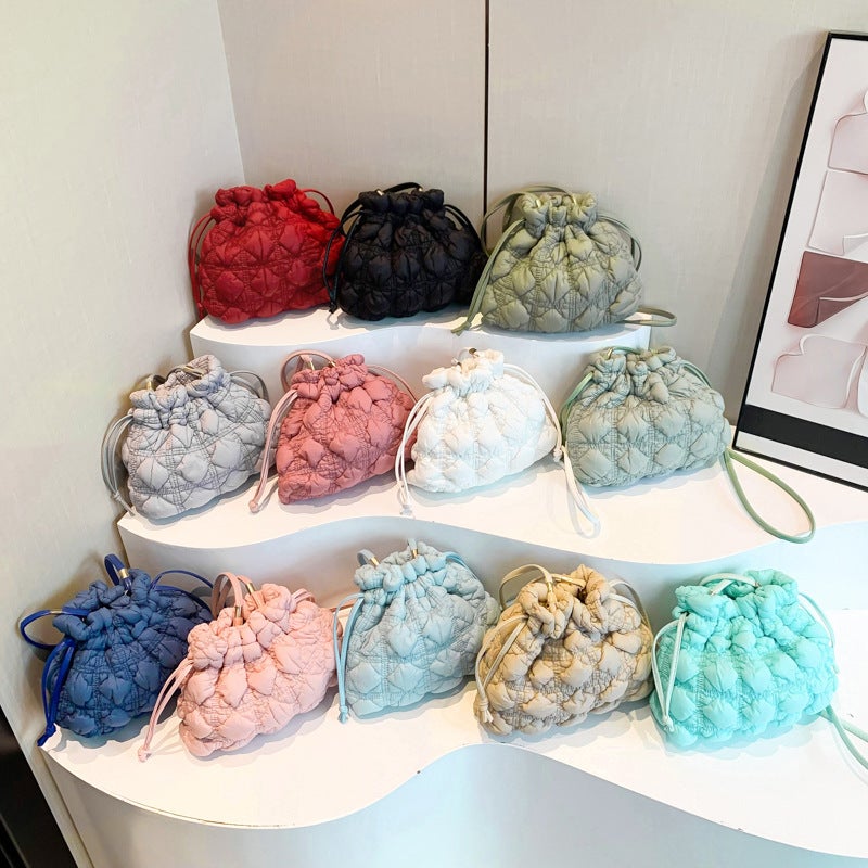New Pleated Cloud Bag Quilted Lucky Bag Drawstring Drawstring Handbag New Trendy New Hand-Held Crossbody Bag White - Image 5